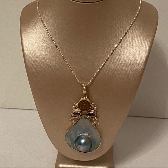 NECKLACE AGI STERLING SILVER BALL CHAIN 20” MABE BLISTER PEARL DRUZY ENHANCER - Picture 4 of 11